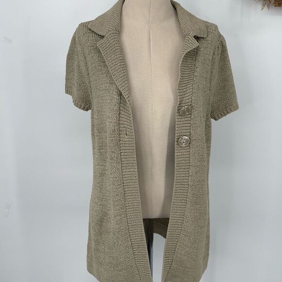 August Silk Collared Short Sleeve Knit Tunic Top Beige M - Picture 9 of 13